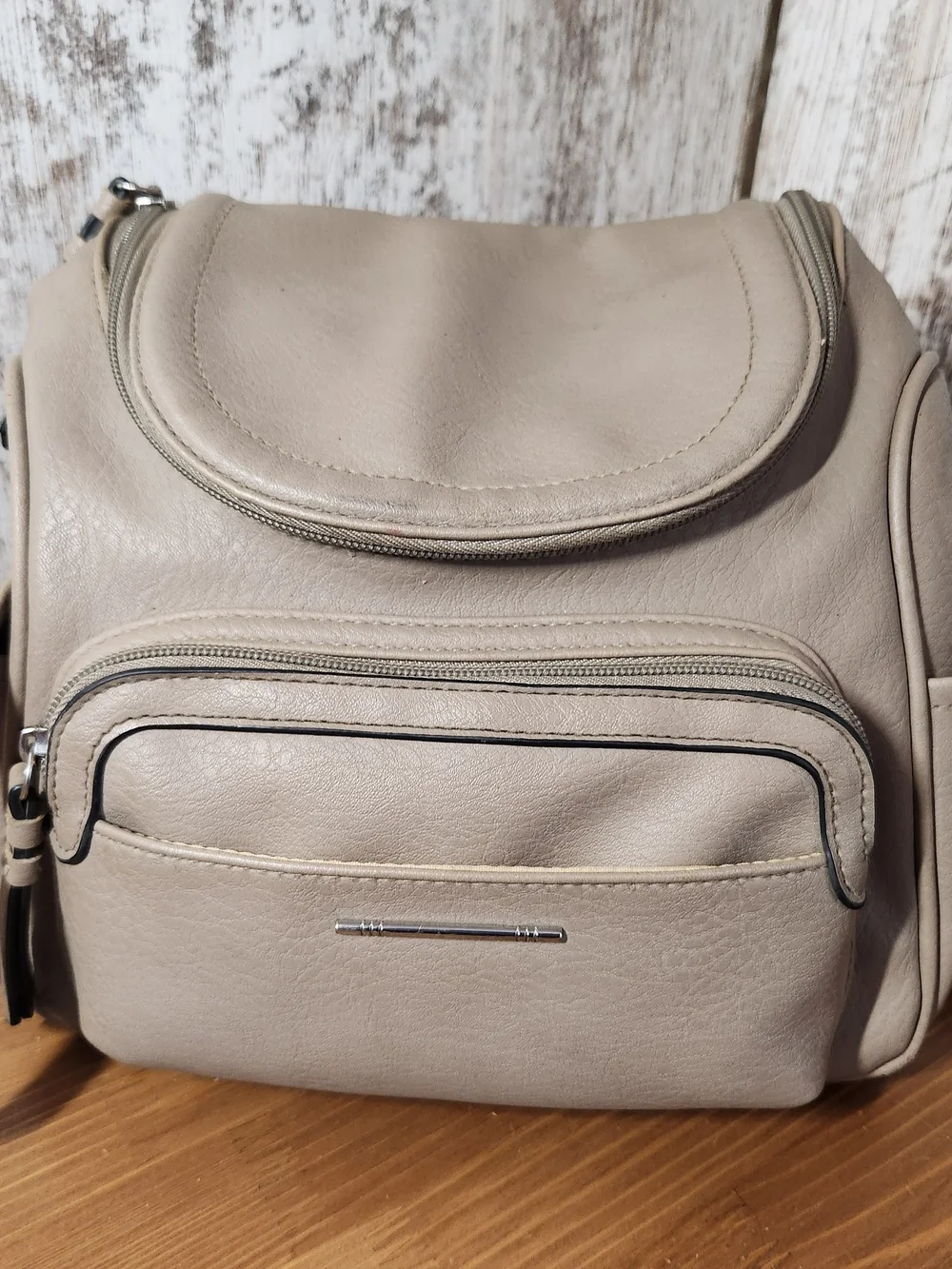 Neutral Beige Stone Crossbody Bag Silver Hardware Converts To Backpack Pockets